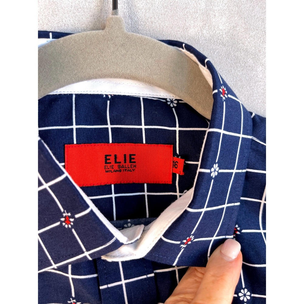 Elie Balleh Milano Italy Navy Blue Grid Floral Button Down Shirt Size 16 Youth